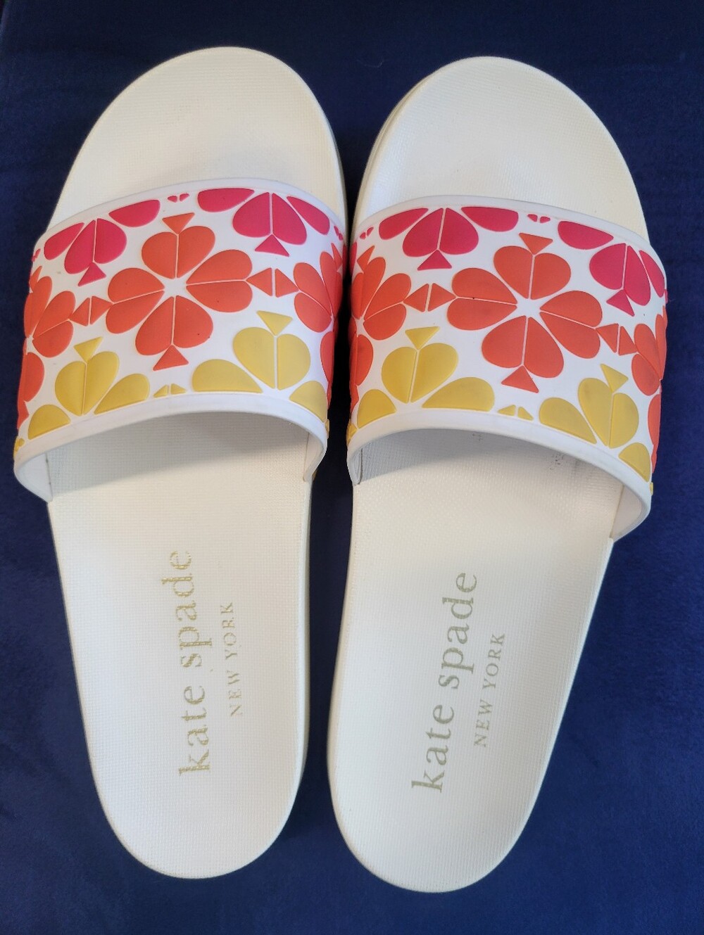 kate spade White Slide Sandals with Pink, Orange and Yellow Floral Strap